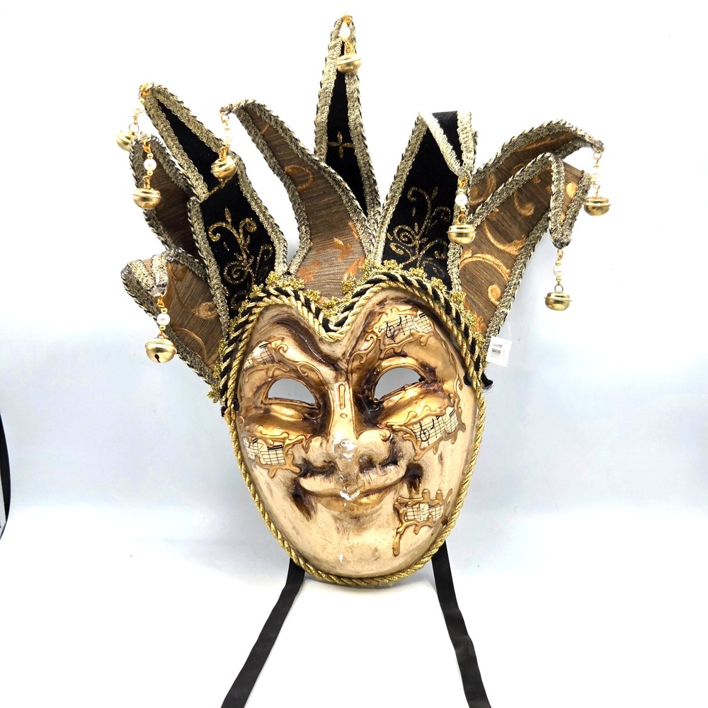Venetian Jester Masquerade Mask Black Gold  Bells Mardi Gras Full Face Costume